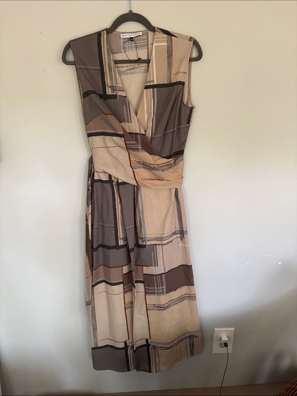 NWOT Adolfo Dominguez Beige, Brown & Cream Sleeveless Wrap Dress